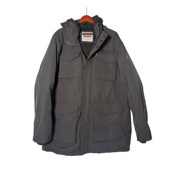 Levis Coat Parka Men XXL Blk Hooded Sherpa Lined Full Zip Snap Work Winter Field - Picture 1 of 8